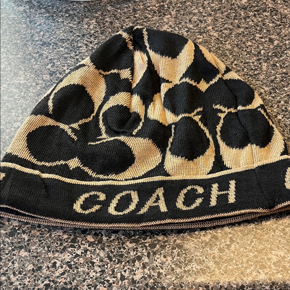 Coach Black and Tan Patterned Beanie